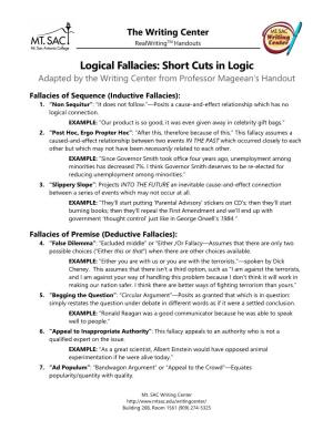 Logical Fallacies: Short Cuts in Logic Adapted by the Writing Center from Professor Mageean’S Handout