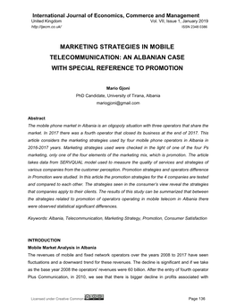 Marketing Strategies in Mobile Telecommunication: an Albanian Case with Special Reference to Promotion