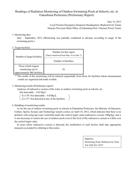 Readings of Radiation Monitoring of Outdoor Swimming Pools at Schools, Etc