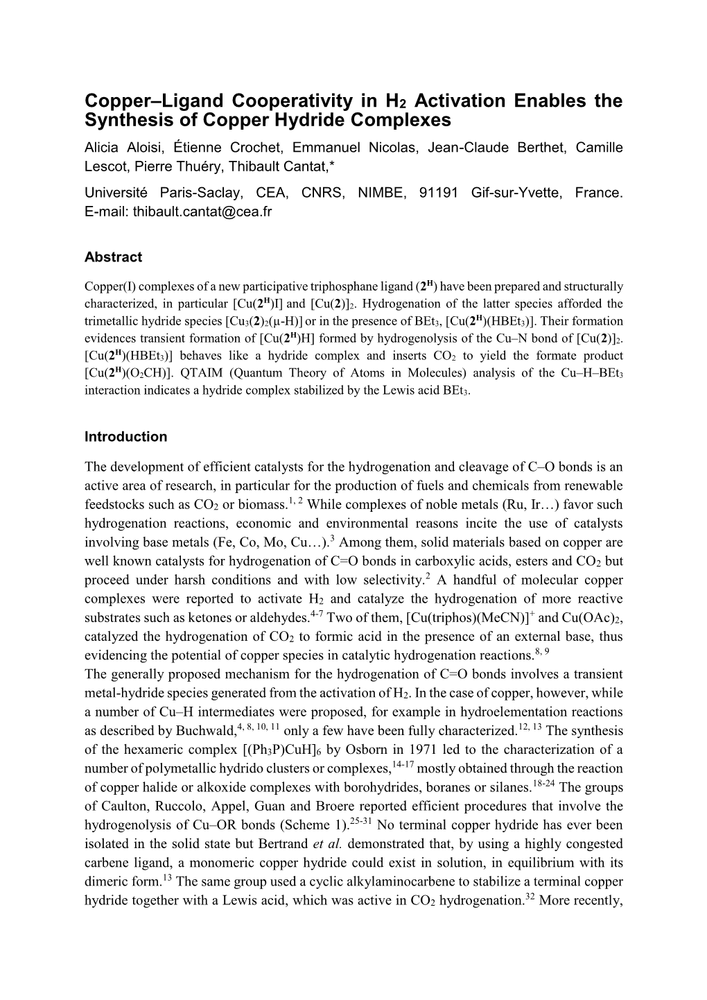 Copper–Ligand Cooperativity in H2 Activation Enables the Synthesis of Copper Hydride Complexes