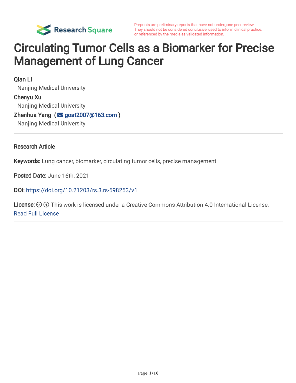 Circulating Tumor Cells As a Biomarker for Precise Management of Lung Cancer