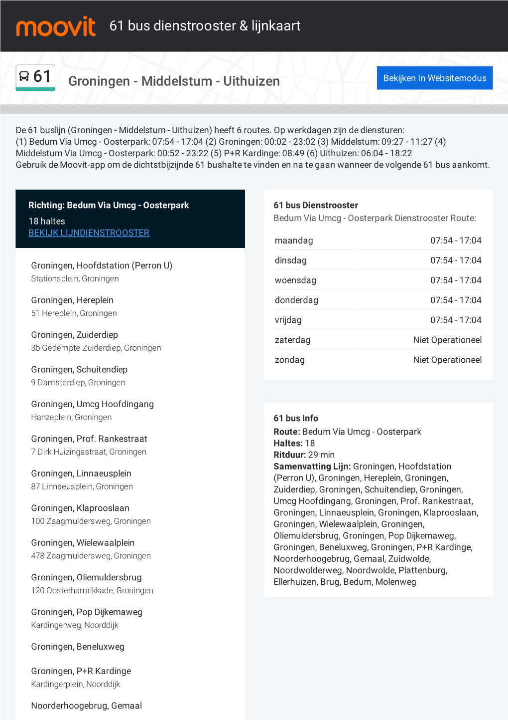 61 Bus Dienstrooster & Lijnroutekaart