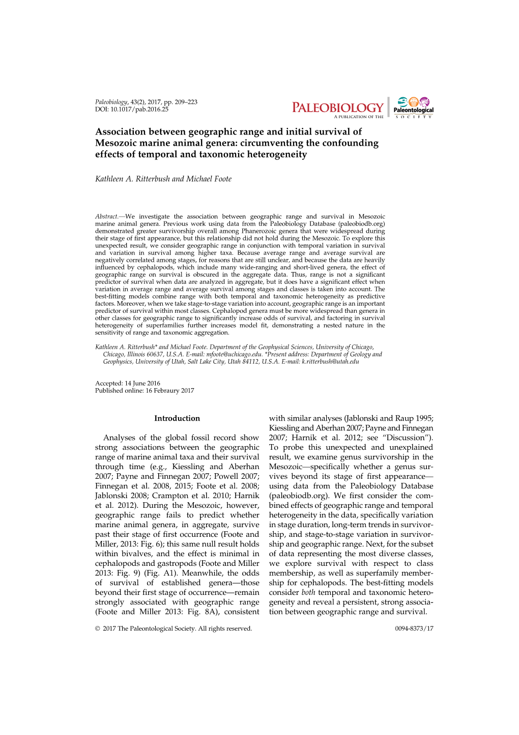 Ritterbush, K. A., and M. Foote. 2017. Association Between Geographic