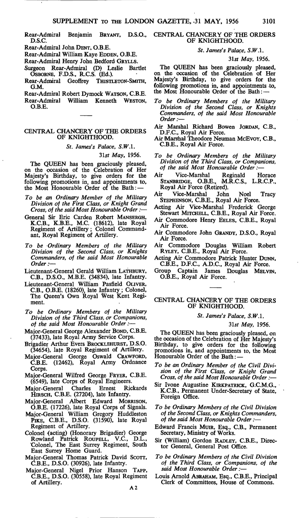 Supplement to the London Gazette,-31 May, 1956 3101