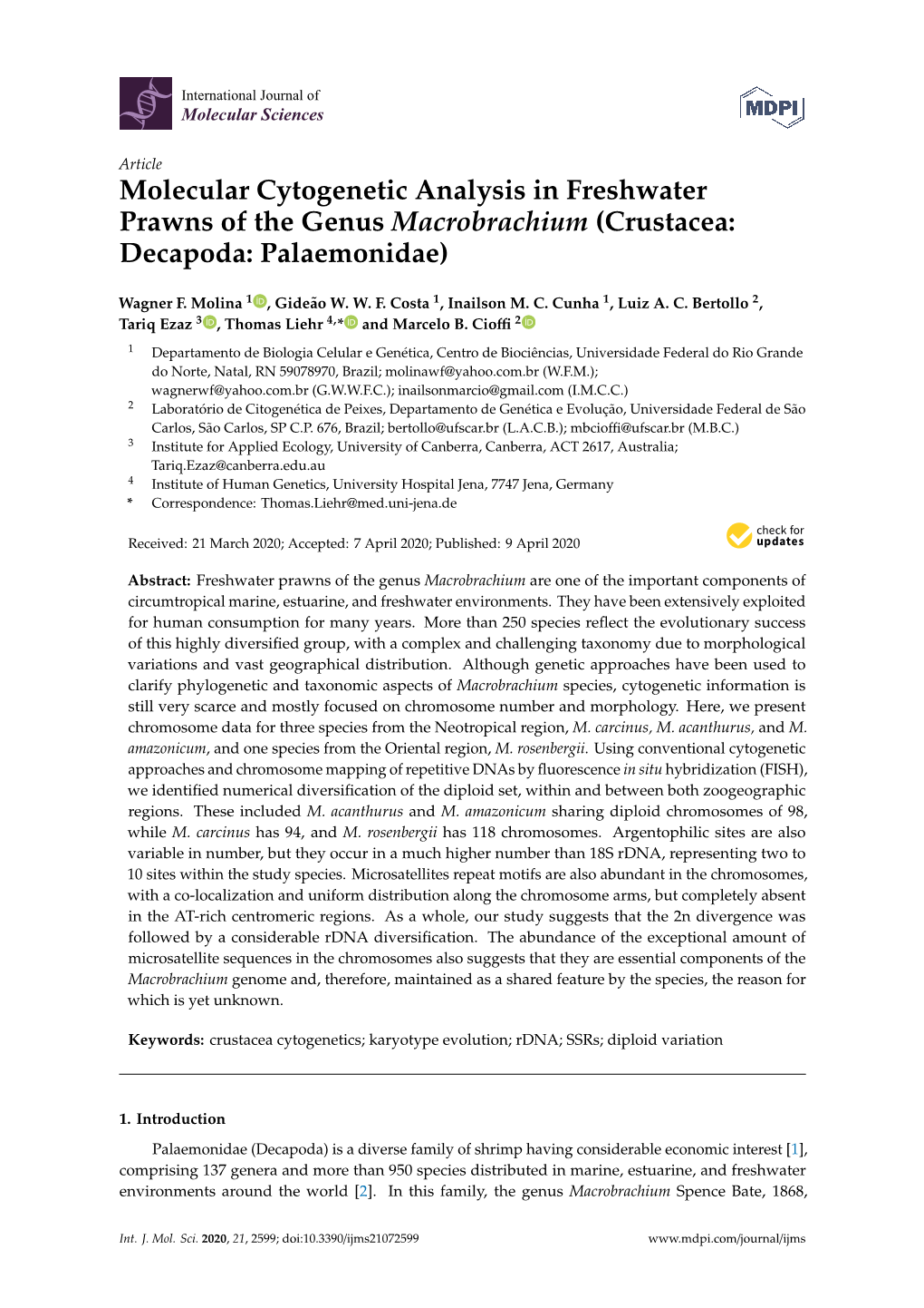 Molecular Cytogenetic Analysis in Freshwater Prawns of the Genus Macrobrachium (Crustacea: Decapoda: Palaemonidae)