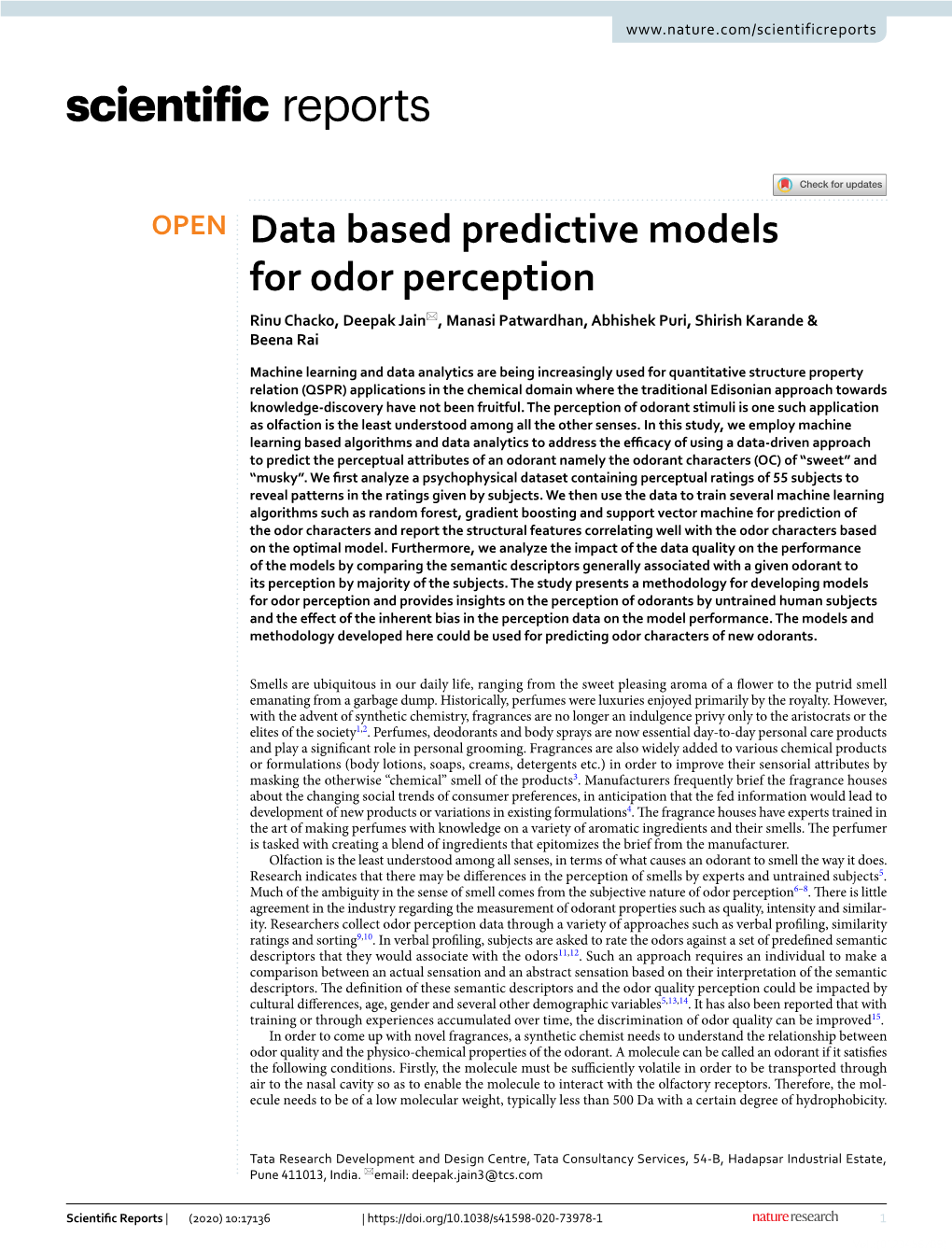 Data Based Predictive Models for Odor Perception Rinu Chacko, Deepak Jain*, Manasi Patwardhan, Abhishek Puri, Shirish Karande & Beena Rai