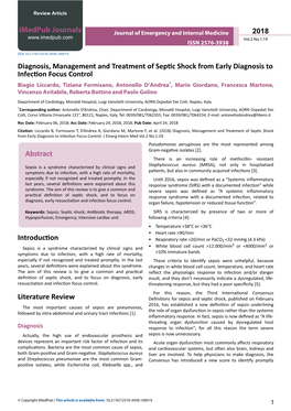 Diagnosis, Management and Treatment of Septic Shock from Early Diagnosis to Infection Focus Control