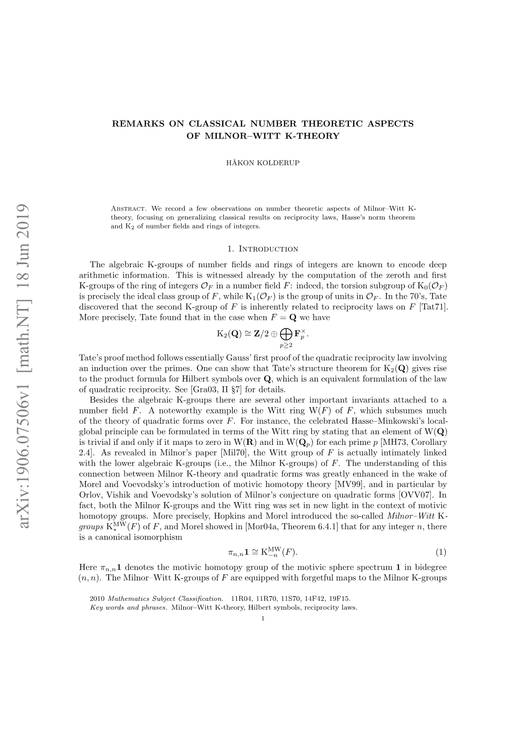 Remarks on Classical Number Theoretic Aspects of Milnor-Witt K