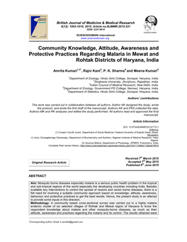 Community Knowledge, Attitude, Awareness and Protective Practices Regarding Malaria in Mewat and Rohtak Districts of Haryana, India