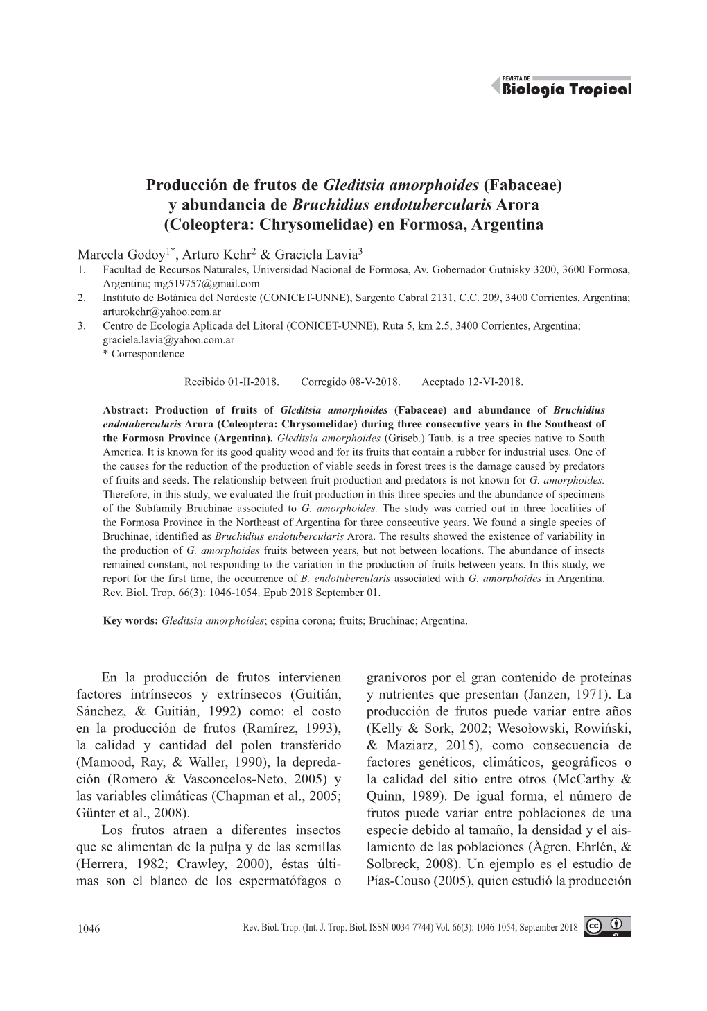 Producción De Frutos De Gleditsia Amorphoides (Fabaceae) Y Abundancia De Bruchidius Endotubercularis Arora (Coleoptera: Chrysomelidae) En Formosa, Argentina