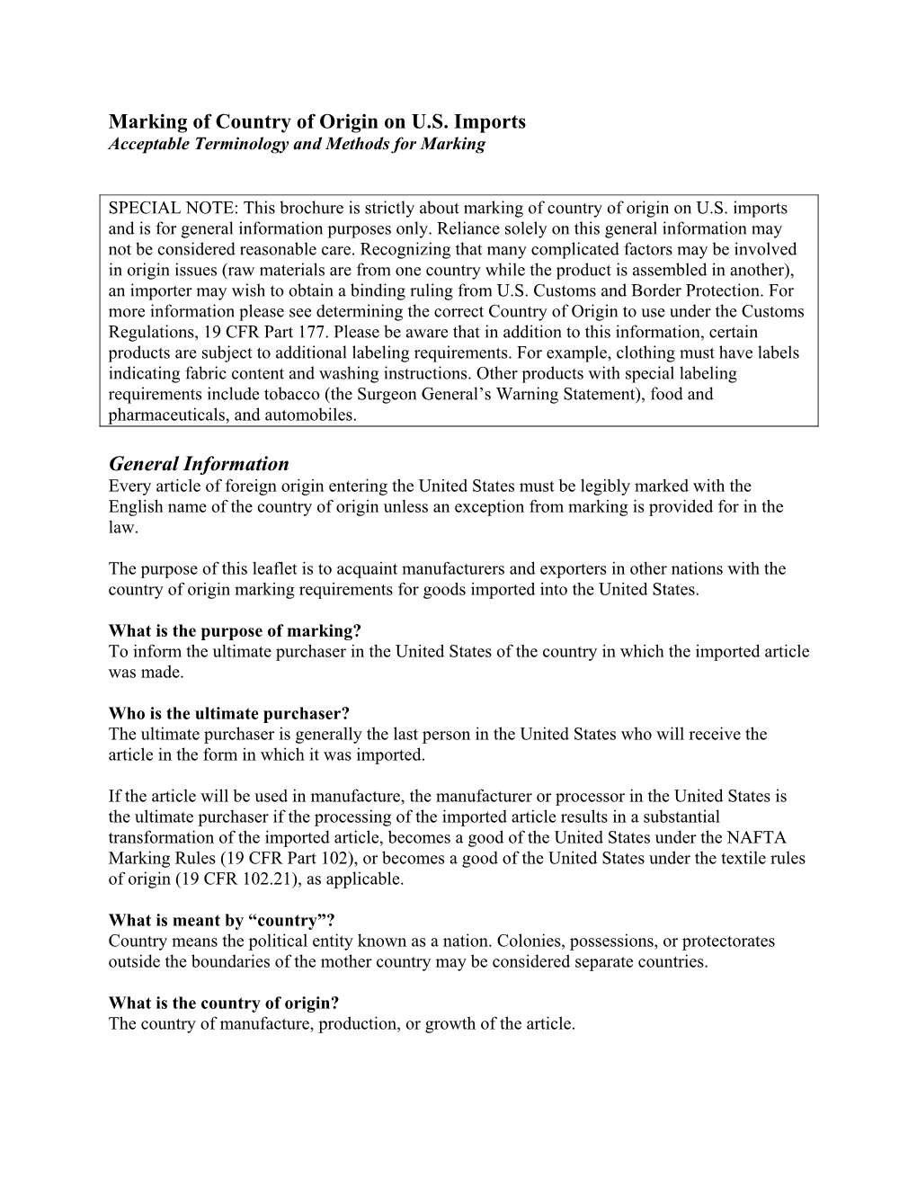 Marking of Country of Origin on U.S. Imports General Information