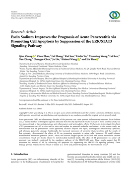 Escin Sodium Improves the Prognosis of Acute Pancreatitis Via Promoting Cell Apoptosis by Suppression of the ERK/STAT3 Signaling Pathway
