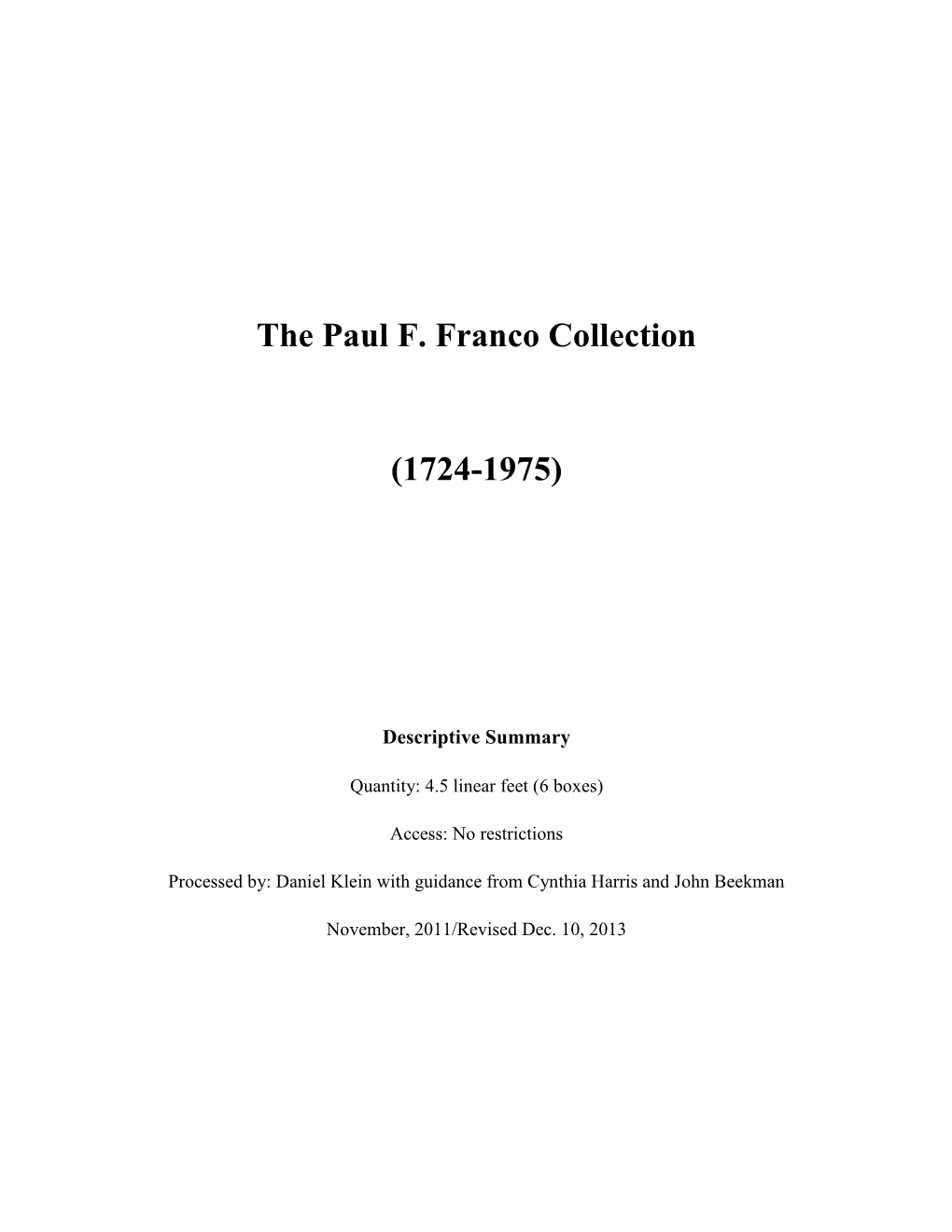 The Paul F. Franco Collection(1724-1975)