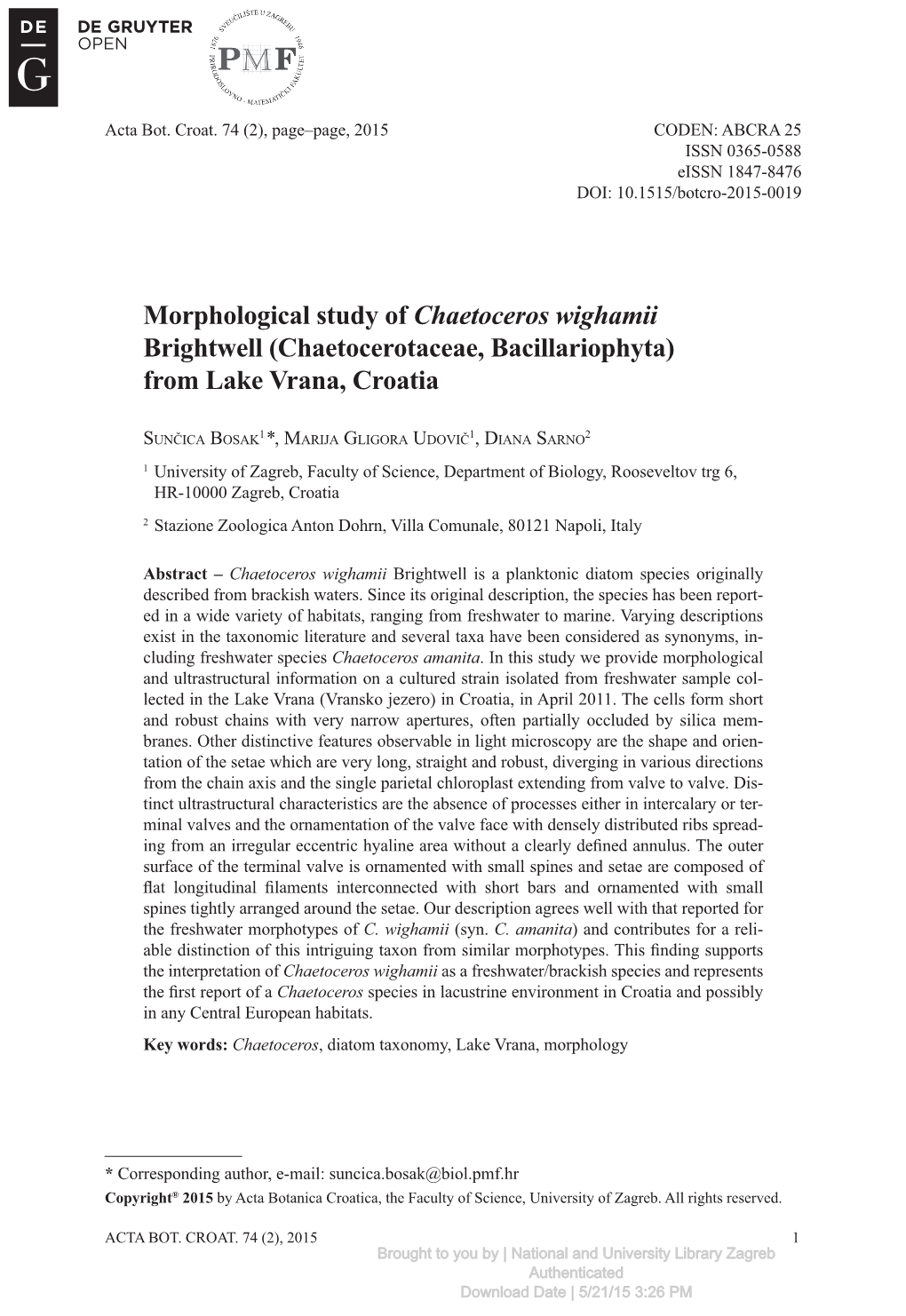 Morphological Study of Chaetoceros Wighamii Brightwell (Chaetocerotaceae, Bacillariophyta) from Lake Vrana, Croatia