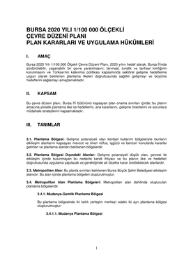 Bursa 2020 Yılı 1/100 000 Ölçekli Çevre Düzeni Planı Plan Kararları Ve