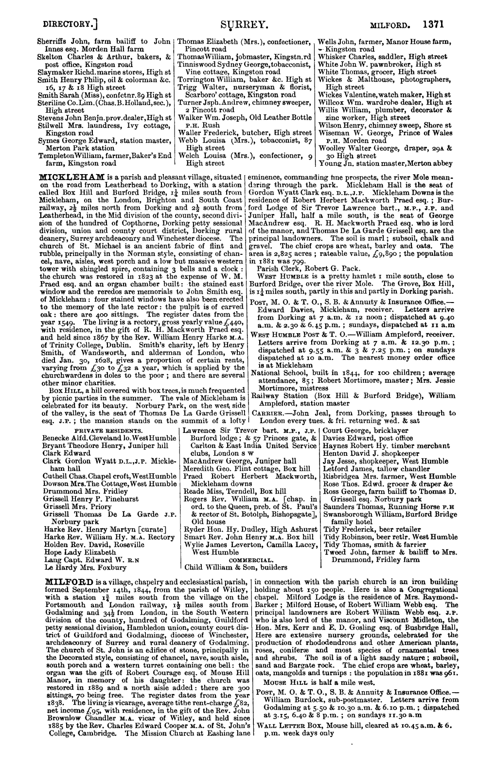 SURREY.• Sherriffs John, Farm Bailiff to J Uhn Thomas Elizabeth (Mrs.), Confectioner, Wells John, Farmer, Manor House Farm, Innes Esq