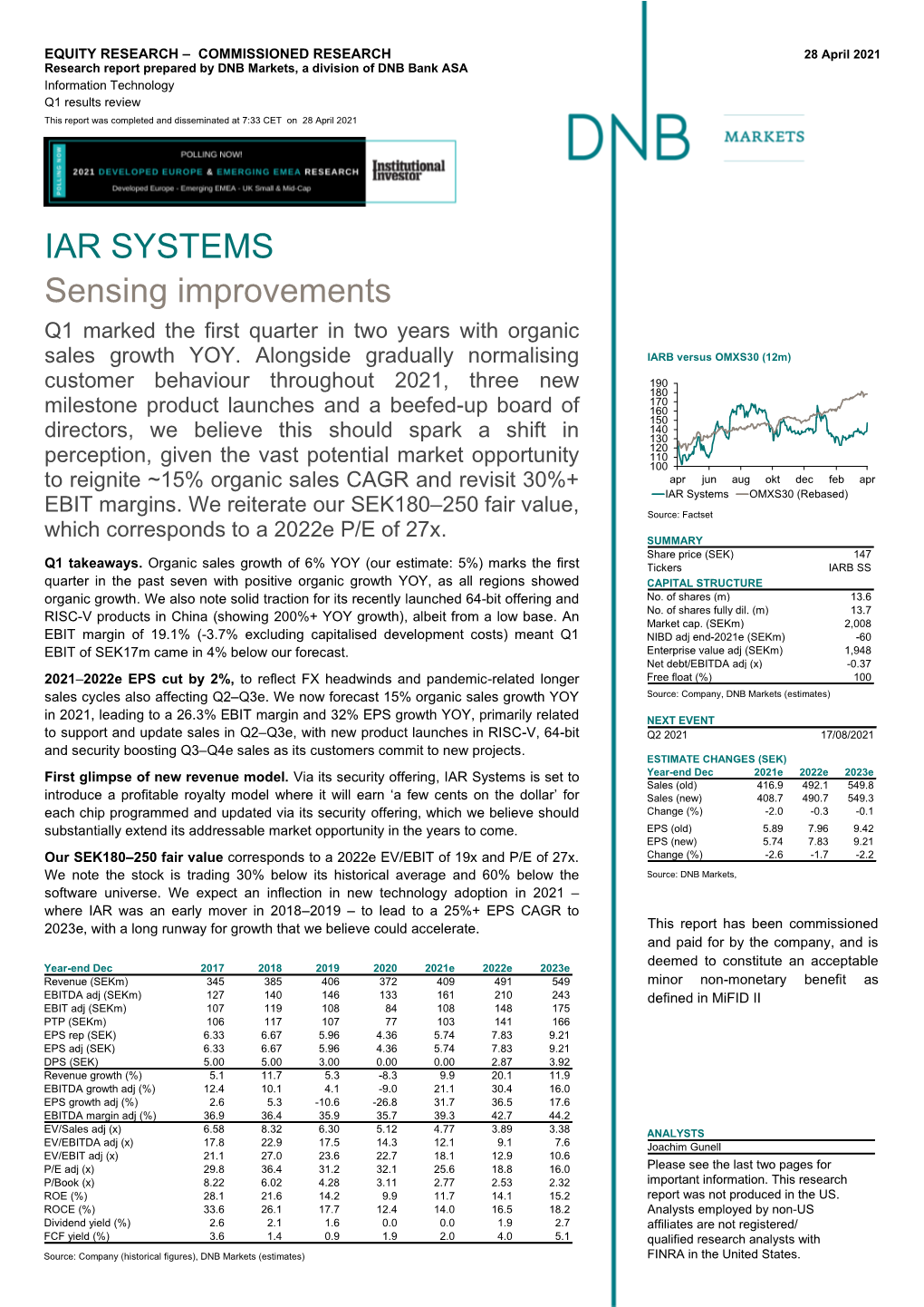 IAR SYSTEMS Sensing Improvements Q1 Marked the First Quarter in Two Years with Organic Sales Growth YOY