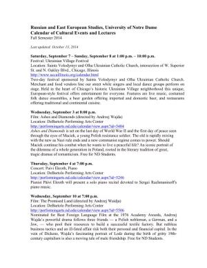 Russian and East European Studies, University of Notre Dame Calendar of Cultural Events and Lectures Fall Semester 2014