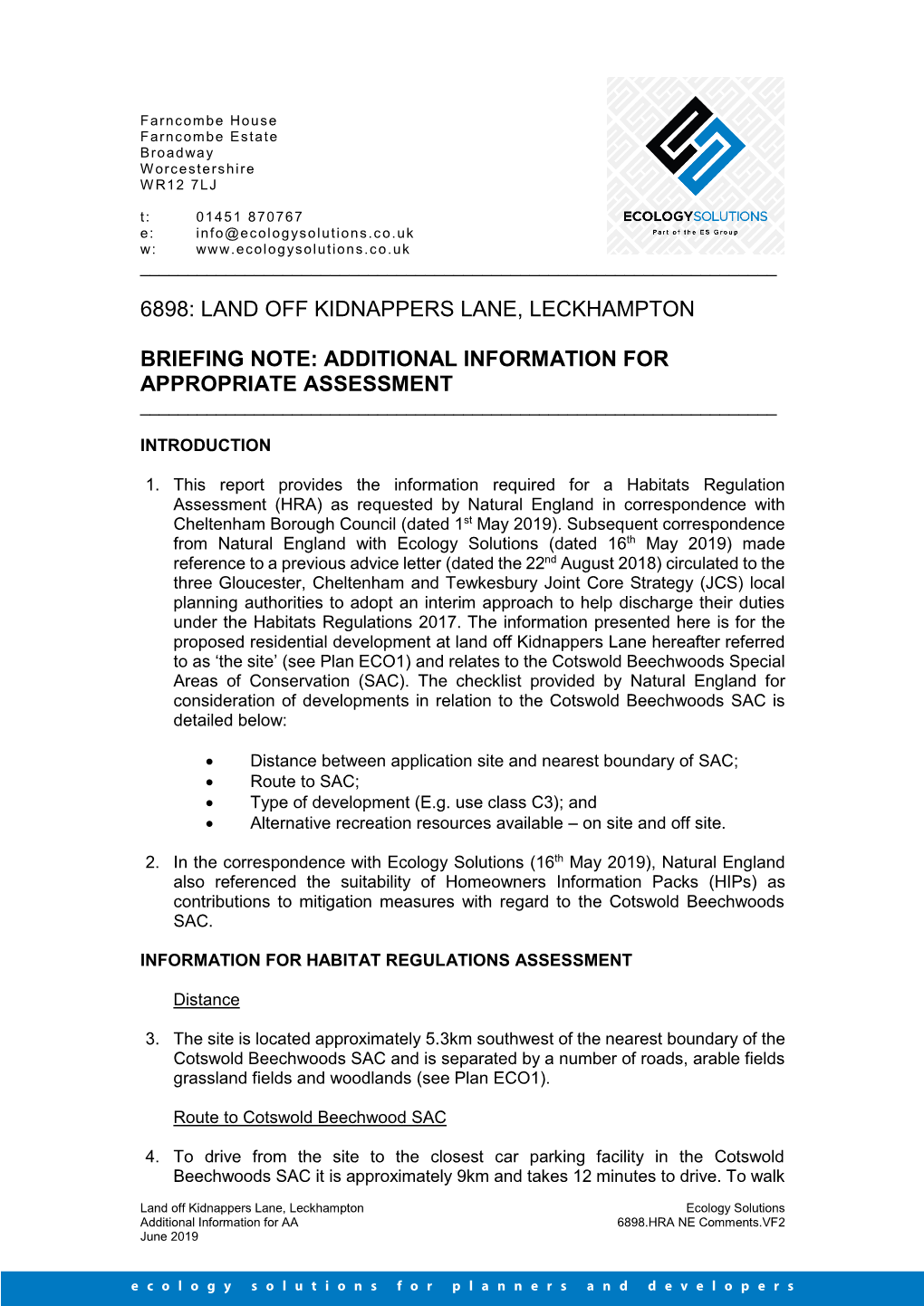 6898: Land Off Kidnappers Lane, Leckhampton Briefing Note