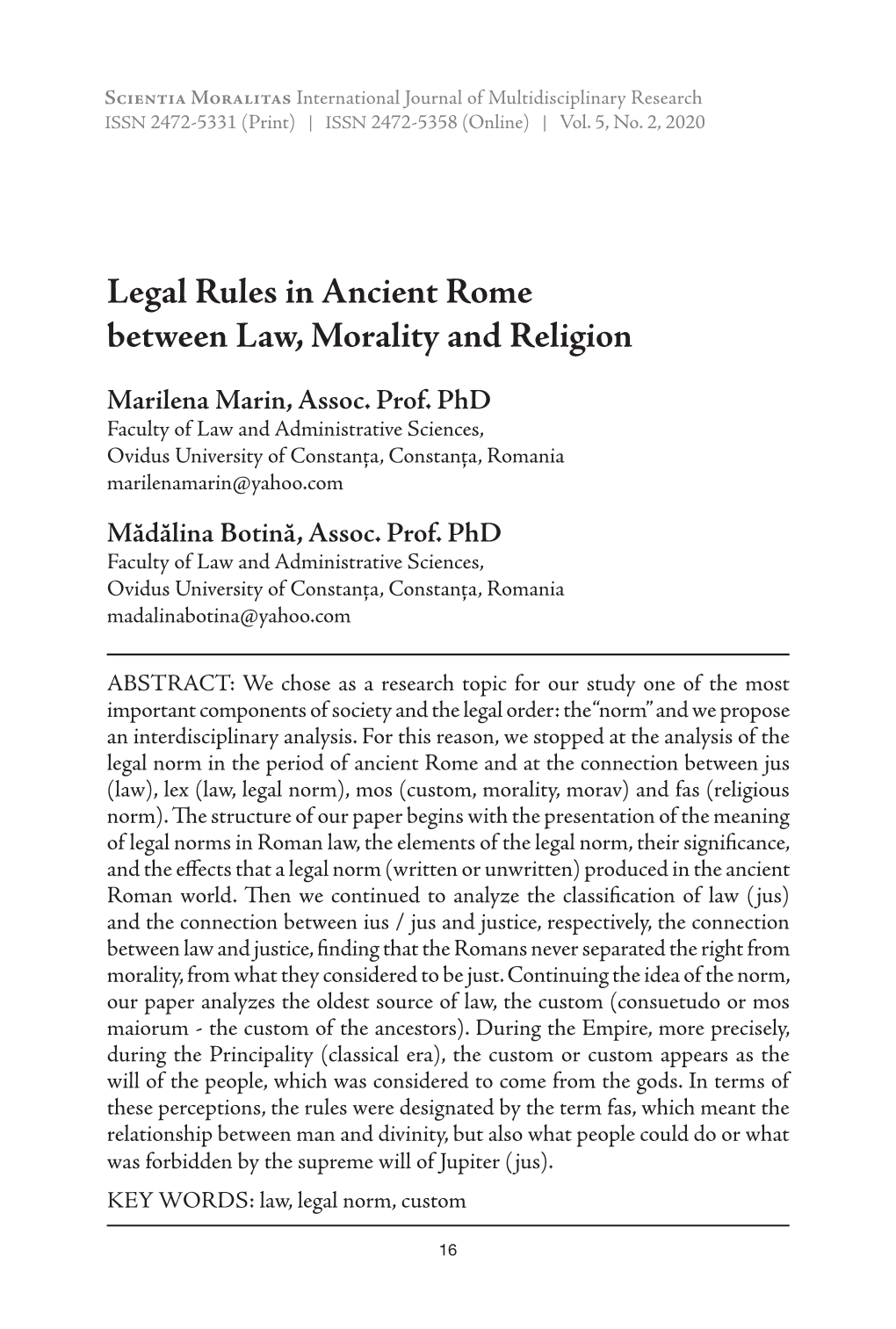 Legal Rules in Ancient Rome Between Law, Morality and Religion