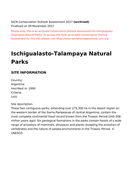 Ischigualasto-Talampaya Natural Parks - 2017 Conservation Outlook Assessment (Archived)