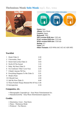 Thelonious Monk Solo Monk Mp3, Flac, Wma