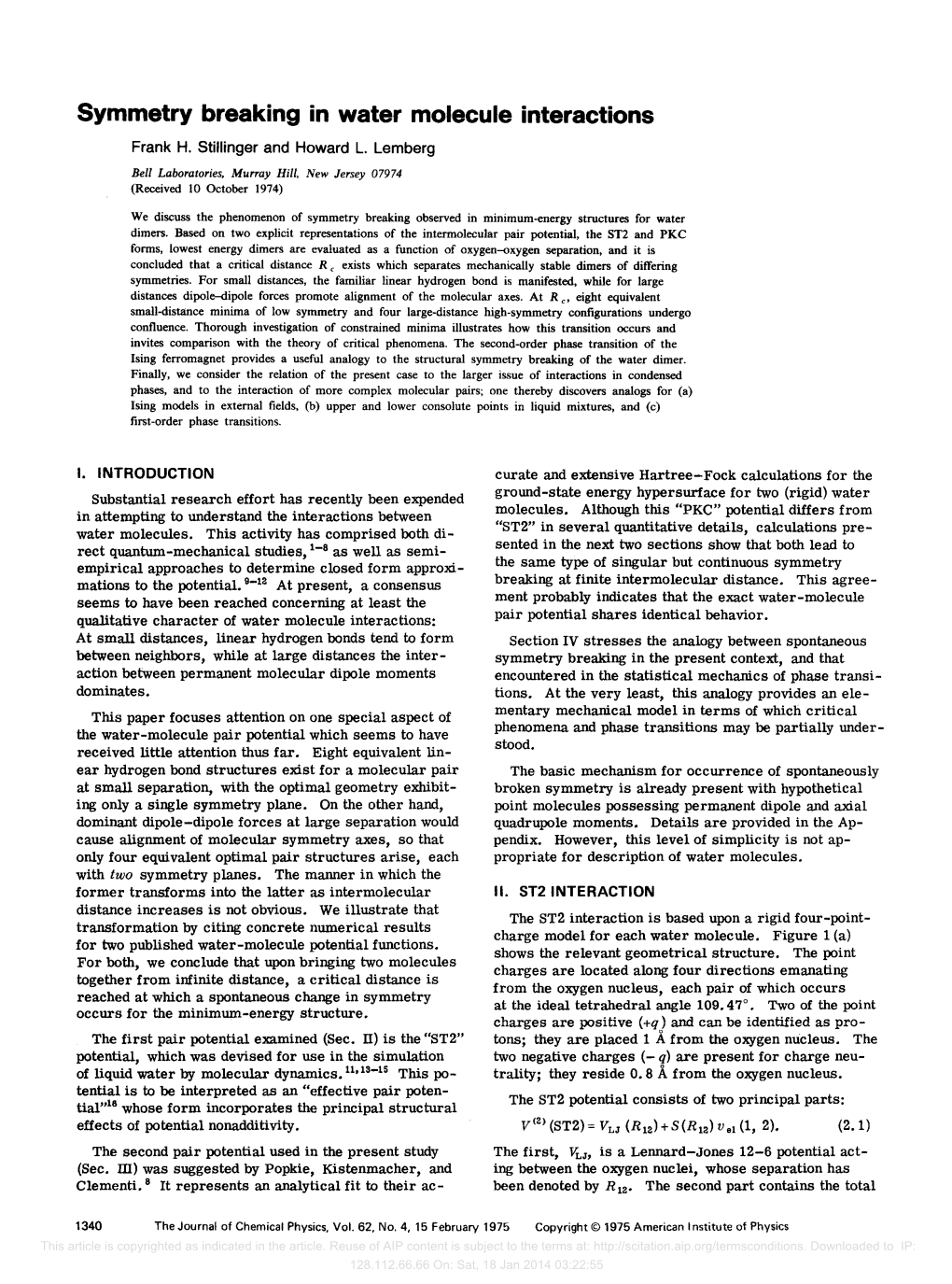 Symmetry Breaking in Water Molecule Interactions Frank H