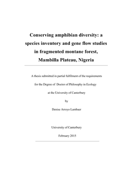 Conserving Amphibian Diversity: a Species Inventory and Gene Flow Studies in Fragmented Montane Forest, Mambilla Plateau, Nigeria