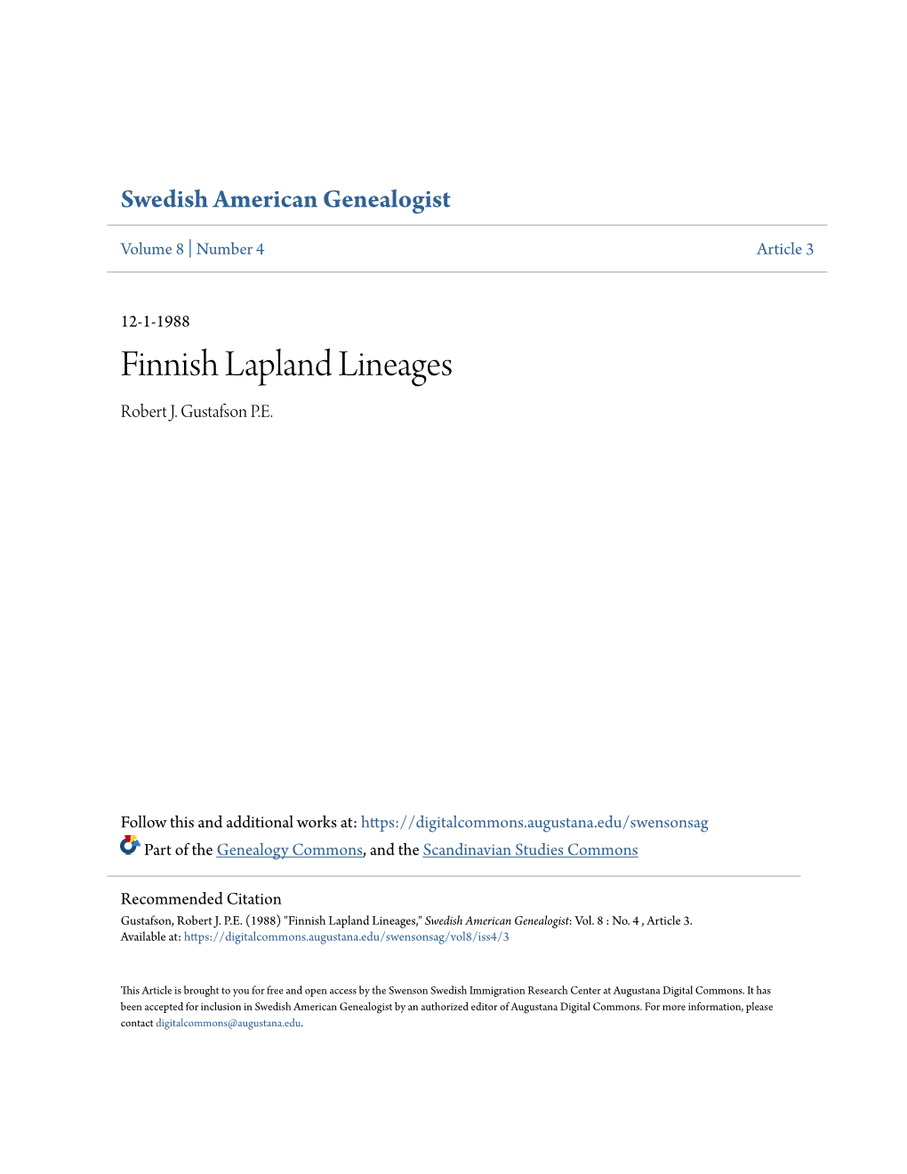 Finnish Lapland Lineages Robert J
