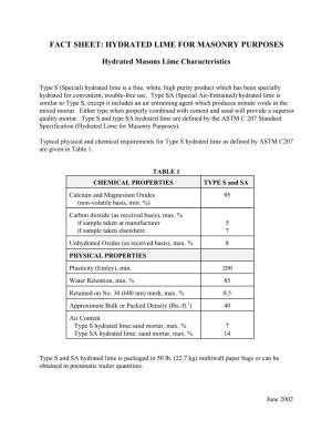 Fact Sheet on Hydrated Lime for Masonry Purposes