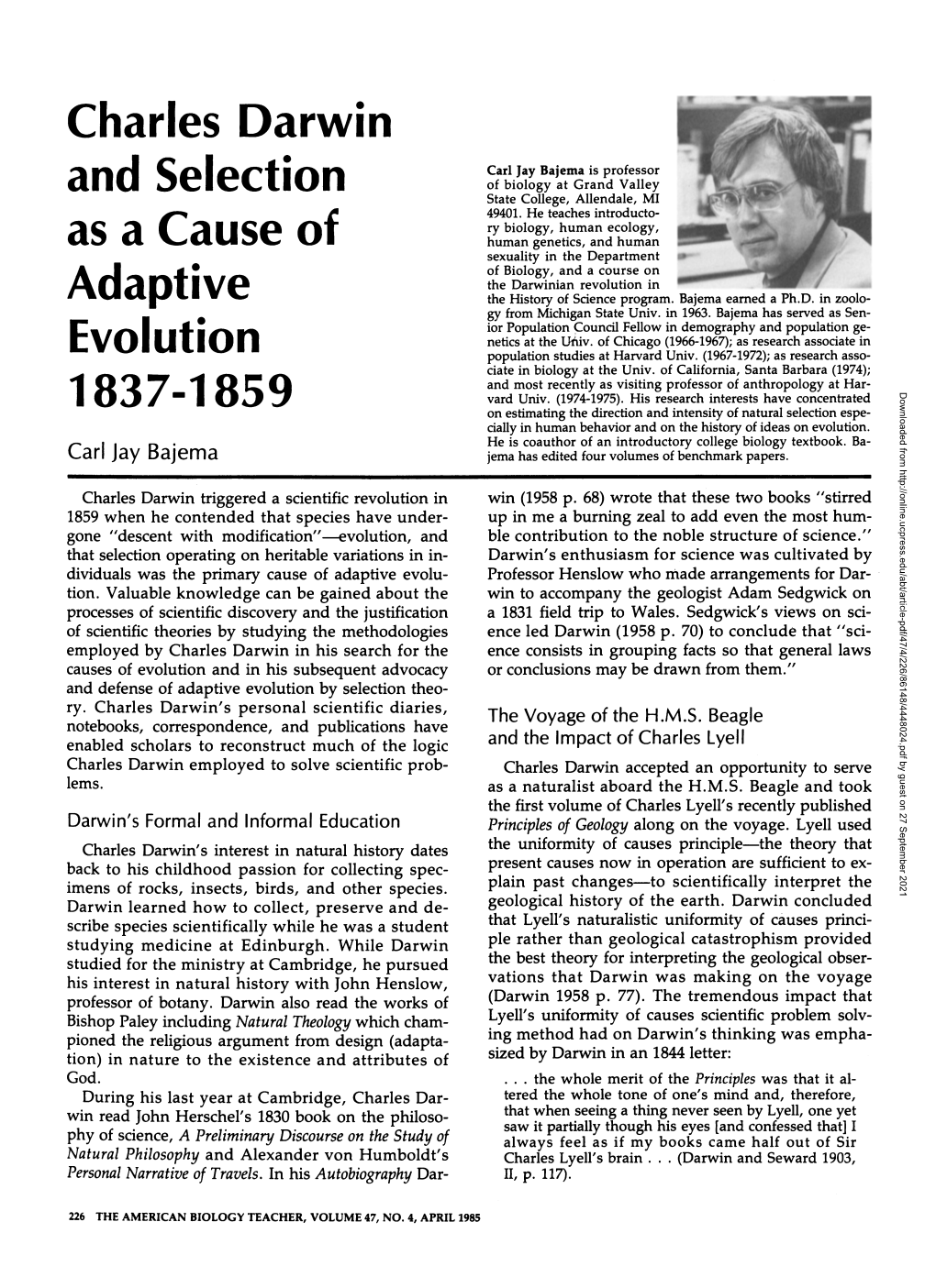 Charles Darwin and Selection As a Cause of Adaptive Evolution 1837