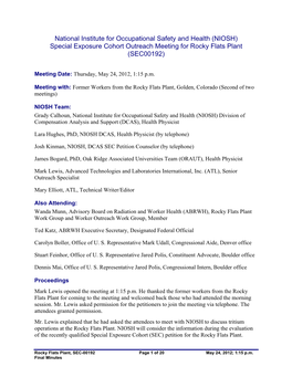 Special Exposure Cohort Outreach Meeting for Rocky Flats Plant (SEC00192)