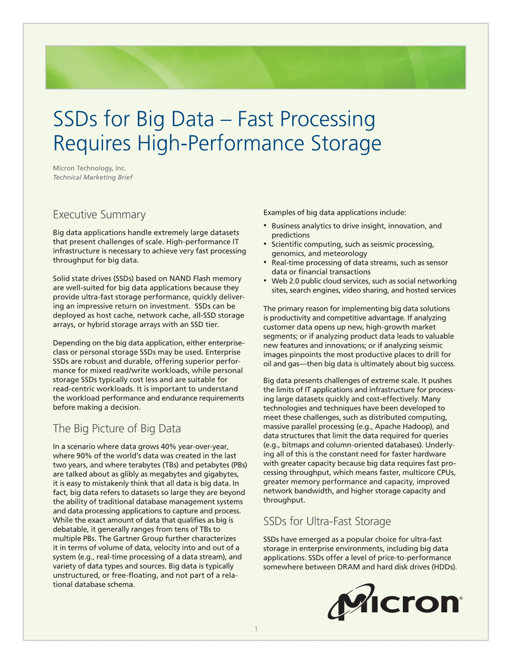 Ssds for Big Data – Fast Processing Requires High-Performance Storage
