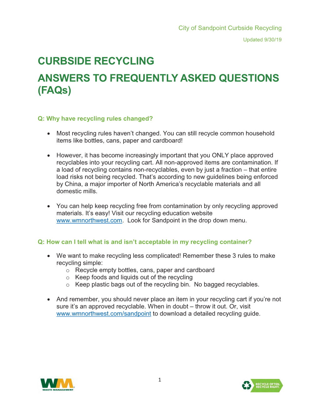 CURBSIDE RECYCLING ANSWERS to FREQUENTLY ASKED QUESTIONS (Faqs)
