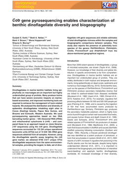 Cob Gene Pyrosequencing Enables Characterization of Benthic Dinoﬂagellate Diversity and Biogeography