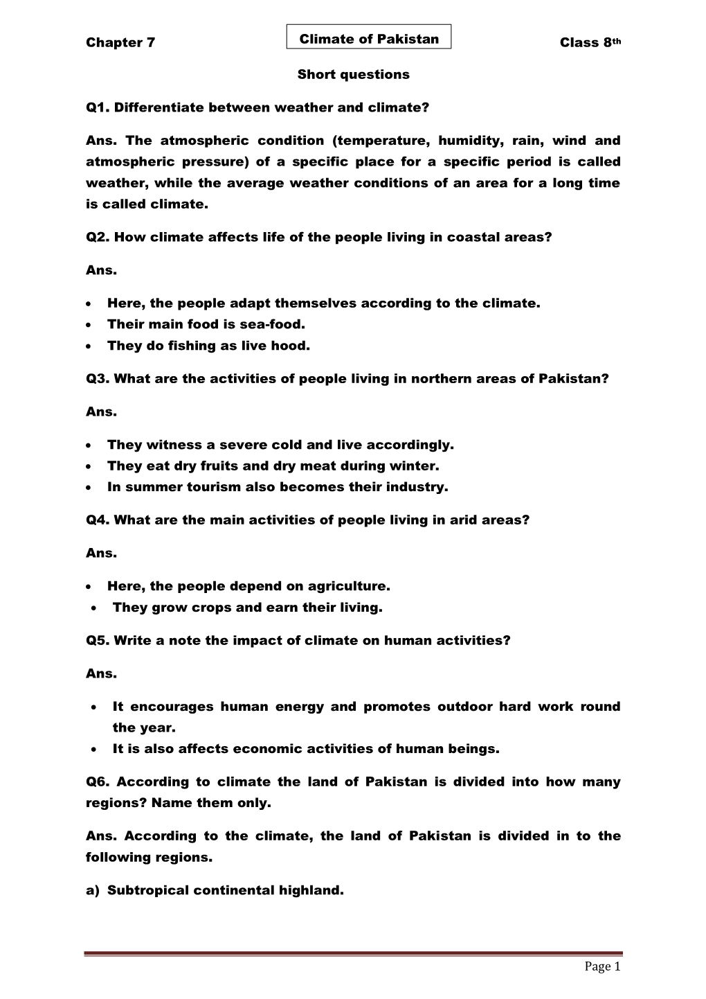 Chapter 7 Class 8Th Page 1 Climate of Pakistan Short Questions Q1