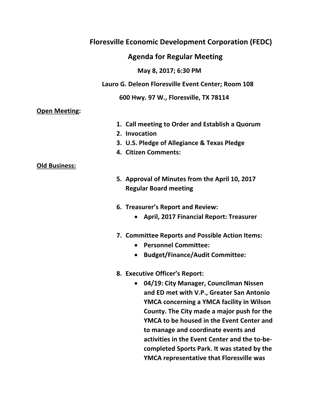 (FEDC) Agenda for Regular Meeting May 8, 2017; 6:30 PM Lauro G