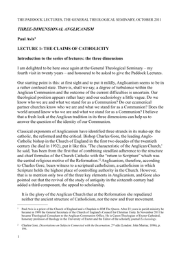 Paddock Lectures, GTS 1011, 1, the Claims of Catholicity