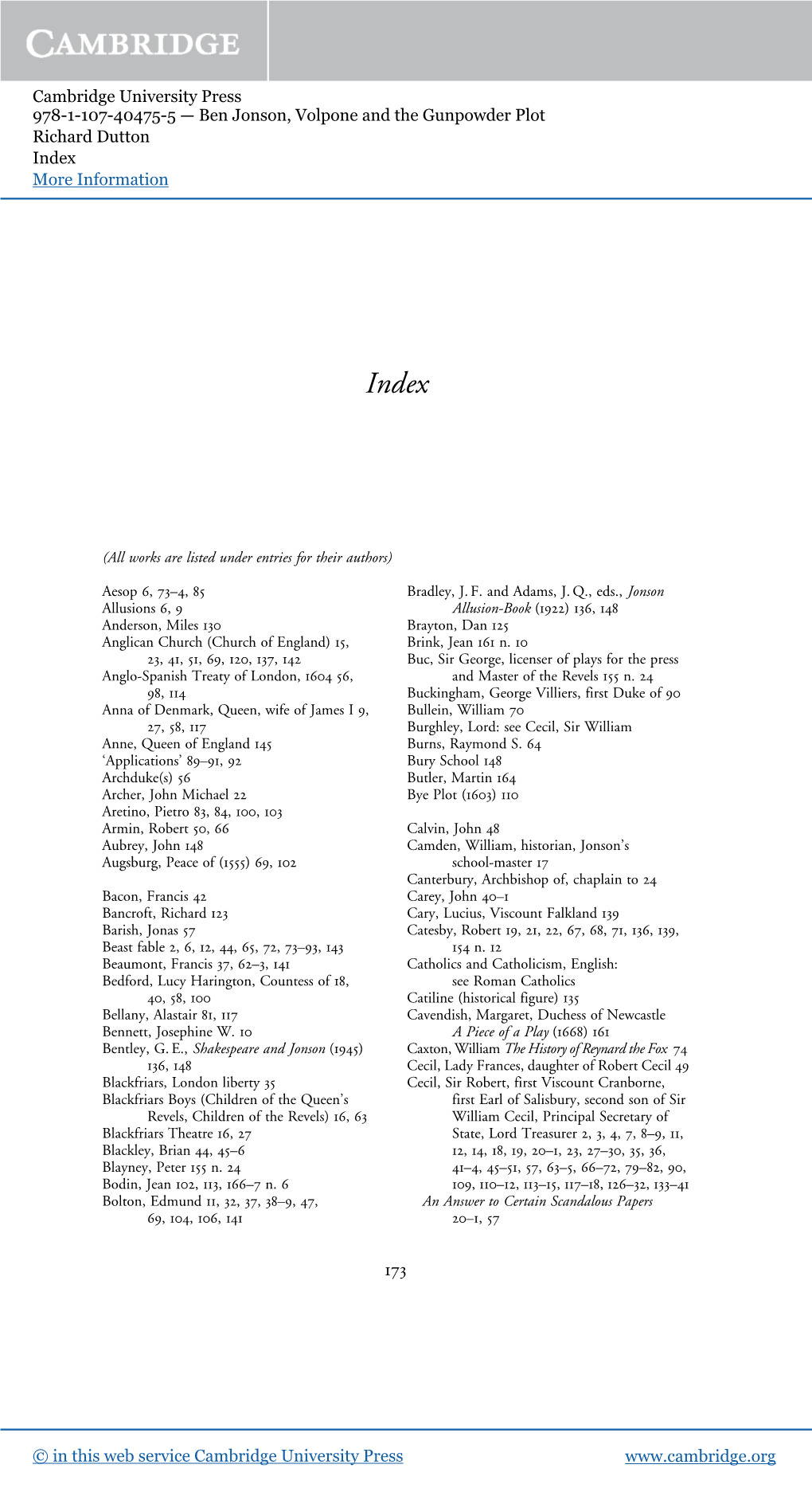 Ben Jonson, Volpone and the Gunpowder Plot Richard Dutton Index More Information