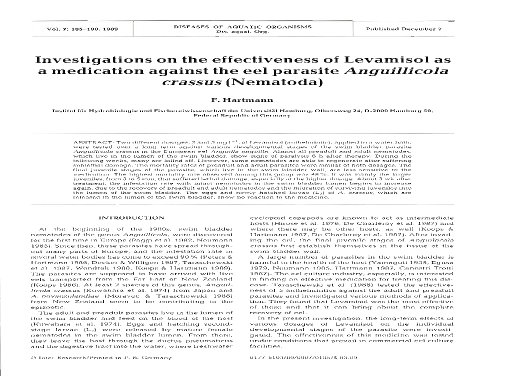 Investigations on the Effectiveness of Levamisol As a Medication Against the Eel Parasite Anguillicola Crassus (Nematoda)