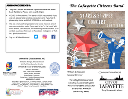 The Lafayette Citizens Band • July 8Th Concert Will Feature a Pre-Concert of the River- Boat Ramblers