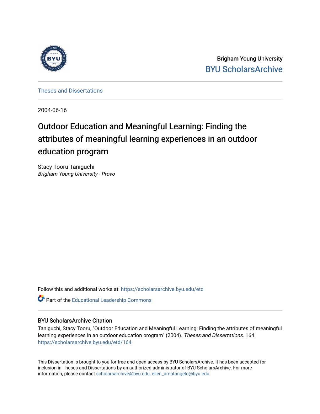 Outdoor Education and Meaningful Learning: Finding the Attributes of Meaningful Learning Experiences in an Outdoor Education Program