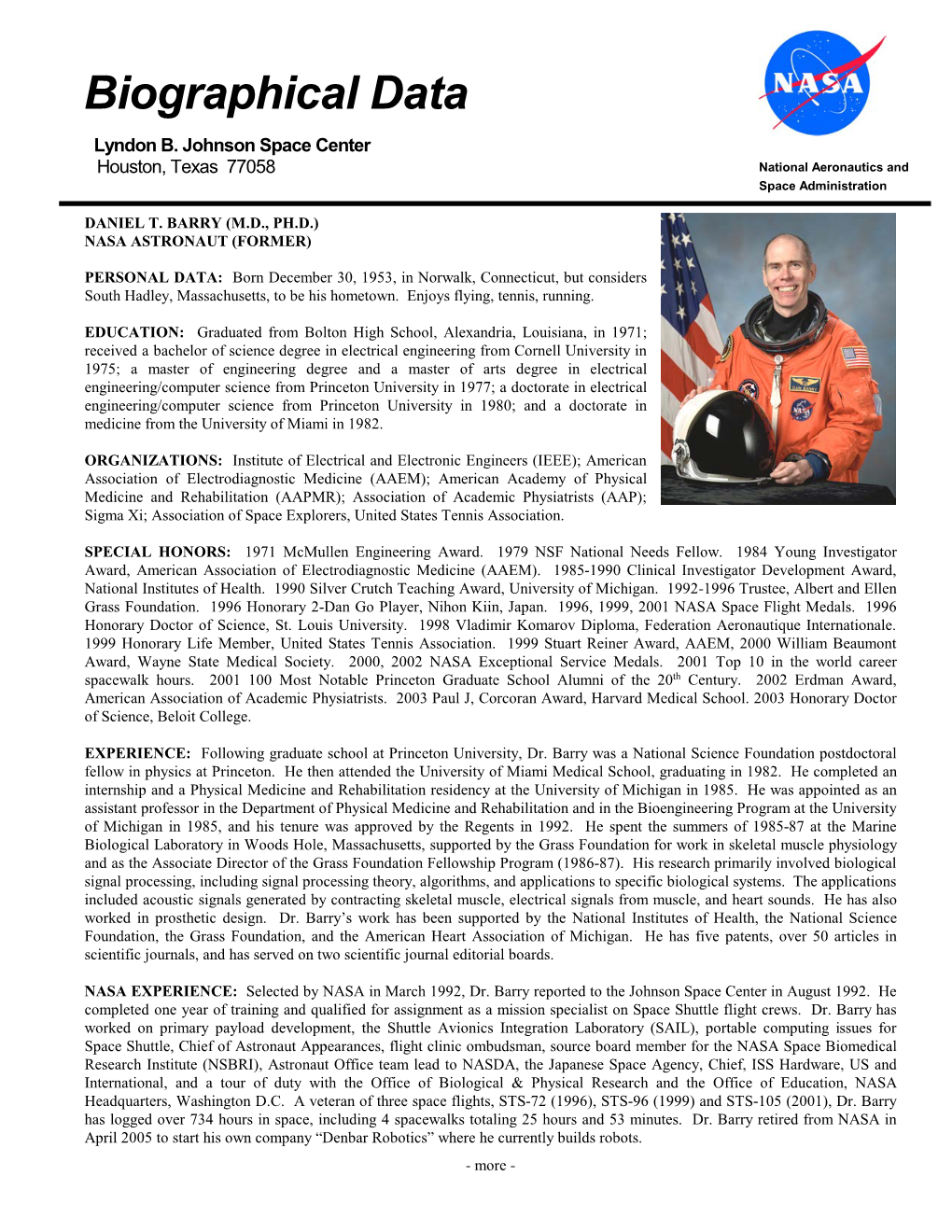 Daniel T. Barry (M.D., Ph.D.) Nasa Astronaut (Former)