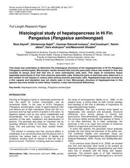 Histological Study of Hepatopancreas in Hi Fin Pangasius (Pangasius Sanitwongsei)