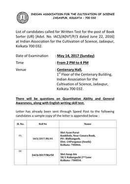 Advt. No. IACS/ADVT/P/3 Dated June 22, 2016] at Indian Association for the Cultivation of Science, Jadavpur, Kolkata 700 032