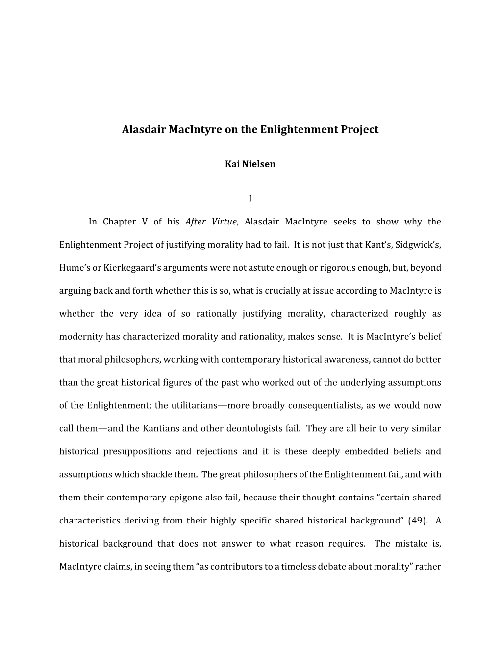 Alasdair Macintyre on the Enlightenment Project