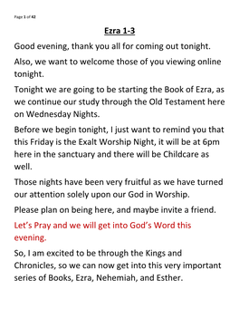 Ezra 1-3 Good Evening, Thank You All for Coming out Tonight. Also, We Want to Welcome Those of You Viewing Online Tonight