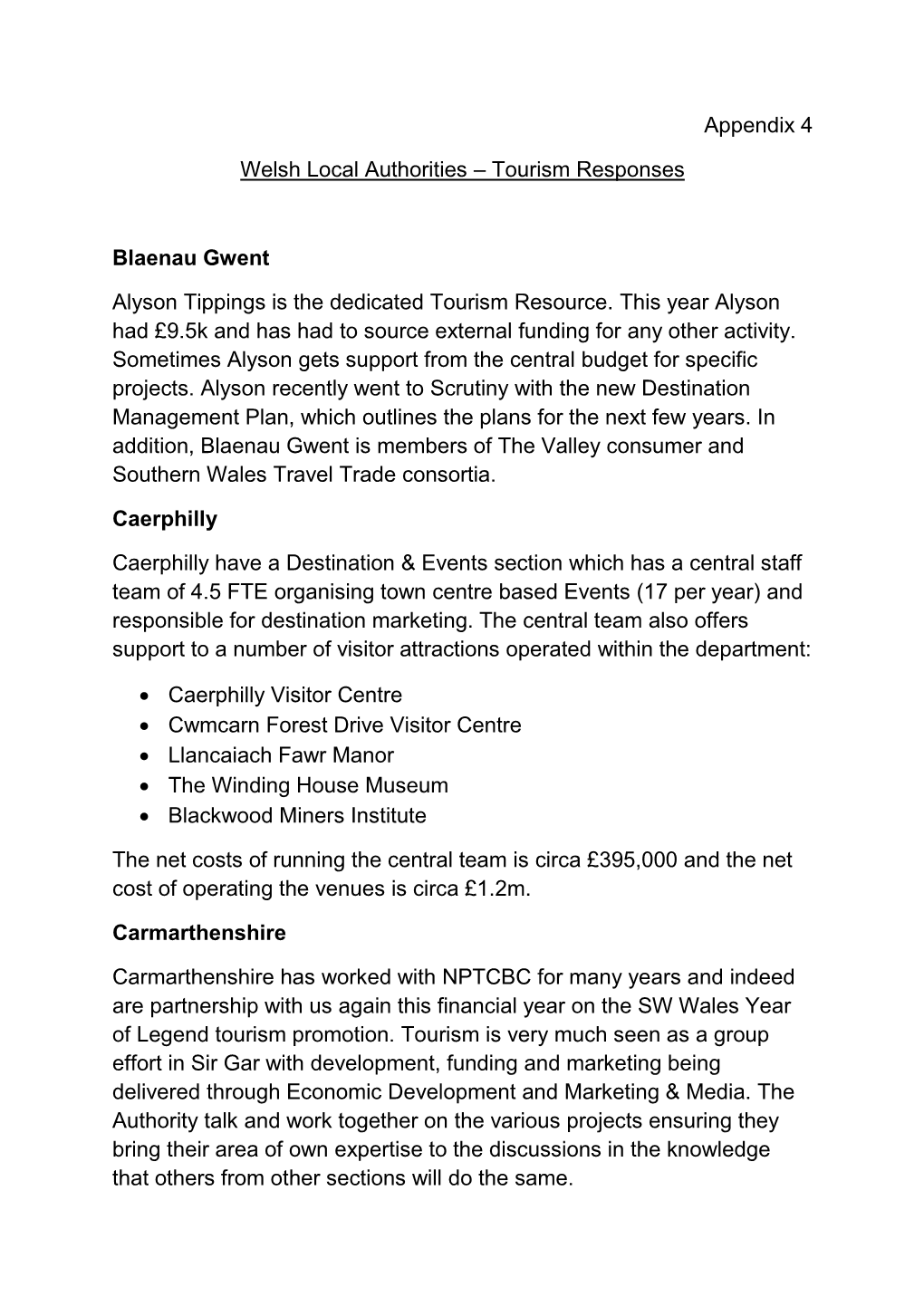 Appendix 4 Welsh Local Authorities – Tourism Responses Blaenau Gwent Alyson Tippings Is the Dedicated Tourism Resource. This