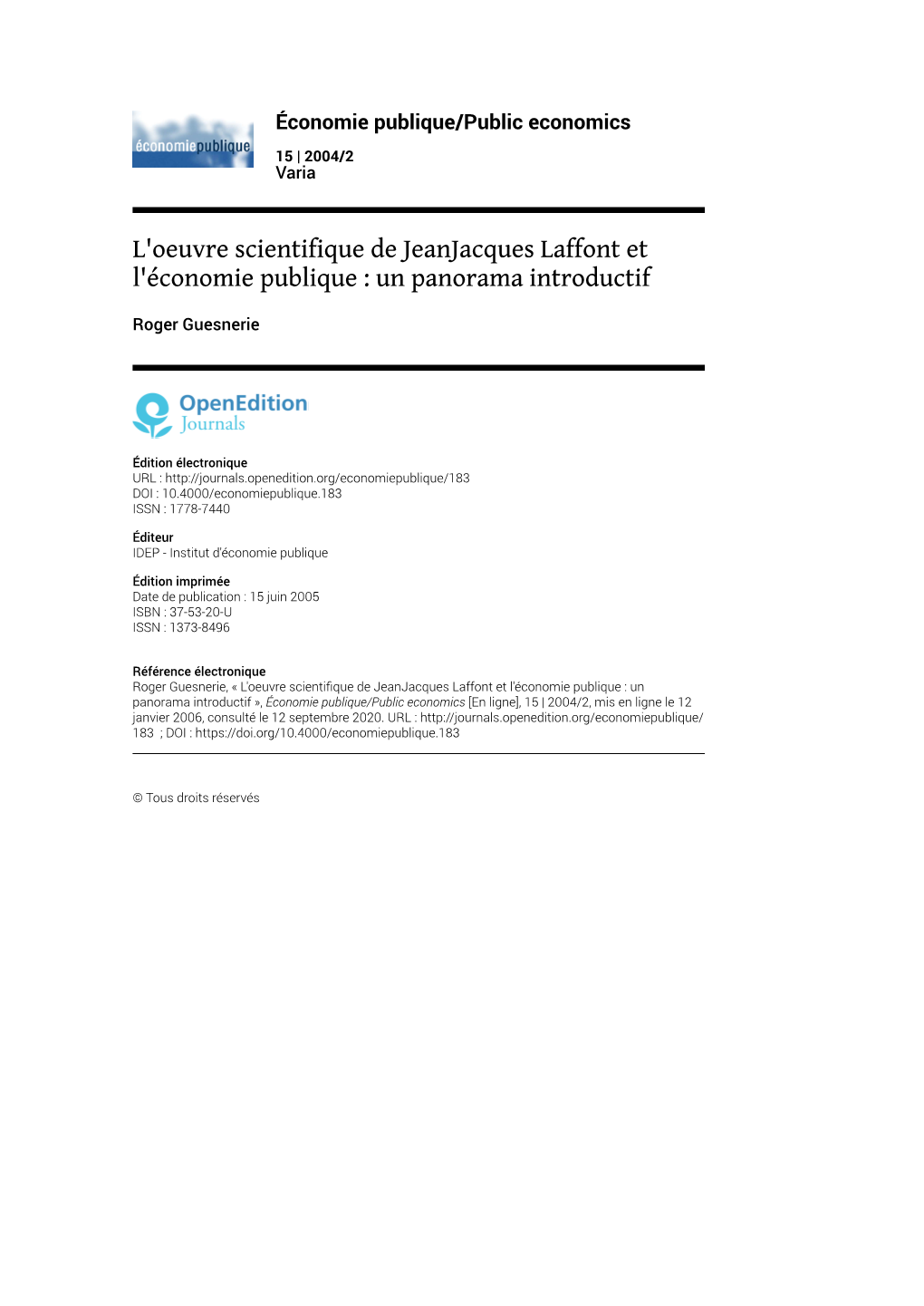 L'oeuvre Scientifique De Jeanjacques Laffont Et L'économie Publique : Un Panorama Introductif