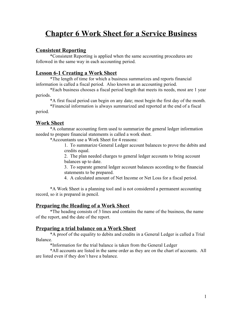 Chapter 7 Work Sheet for a Service Business